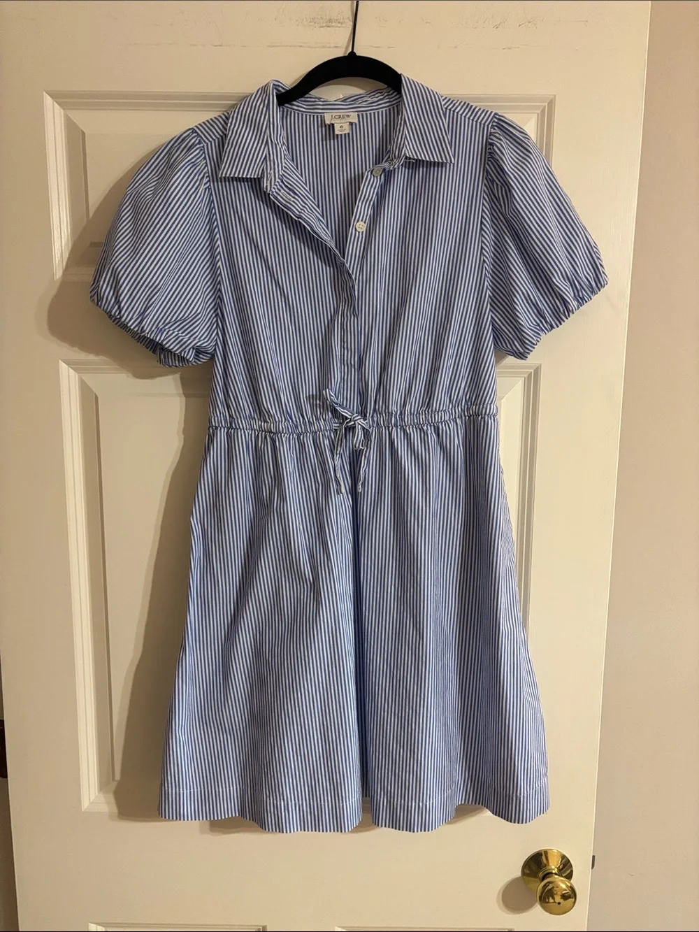 J. Crew Blue and White Striped Tie-Waist Puff-Sleeve Shirt Dress